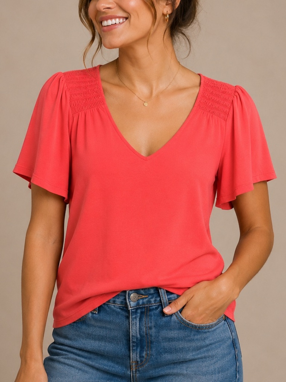 Michael Kors Coral V-Neck Flutter Sleeve Blouse SMALL